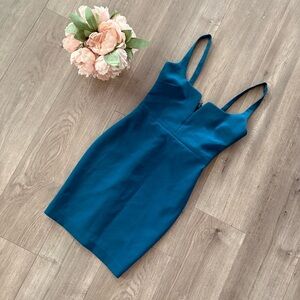 New Revolve Likely Constance Teal Blue Square Neck Sheath Mini Dress